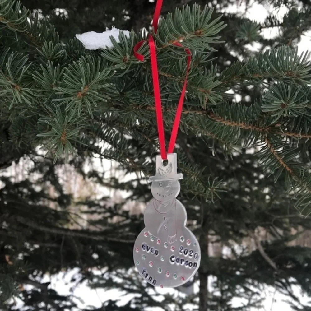Handmade stamped silver aluminum personalized snowman holiday Christmas ornament